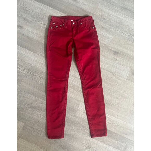 True Religion Swarovski Crystals Logo Leggings Red Skinny Jeans Size 26 - Picture 3 of 11